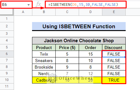 final output of isbetween function as condition between two numbers
